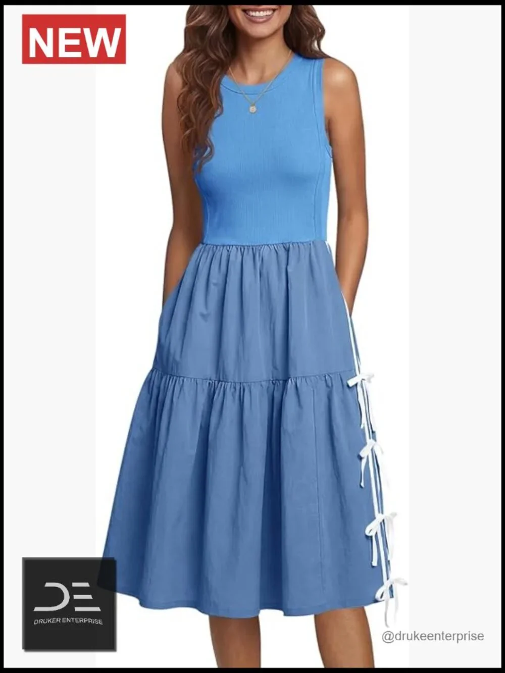 Sleeveless Midi Dress Summer Ribbed Knit Patchwork Self-Tie Bow Active Tank